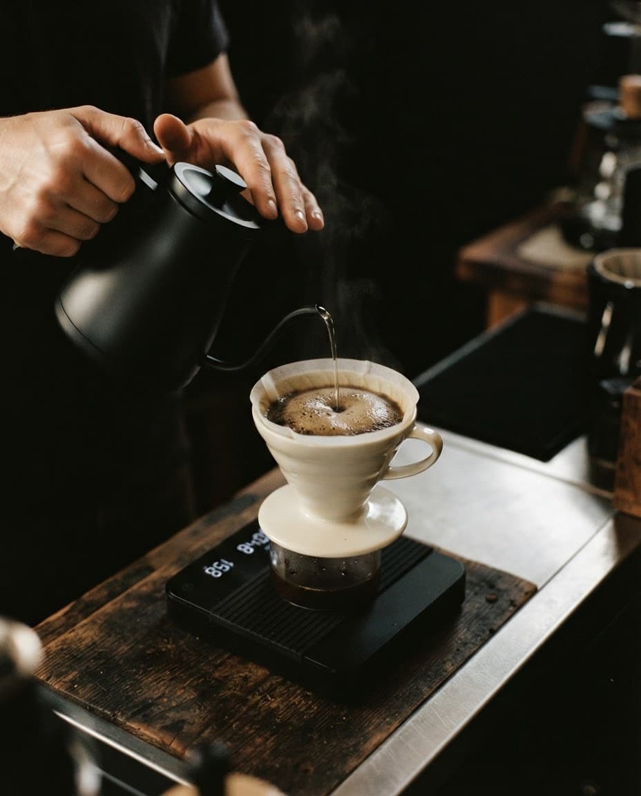 un barista vierte agua de una tetera de cuello de ganso sobre un dripper en la barra