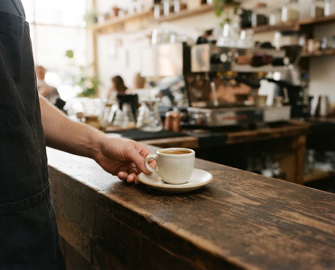 una mano deja una taza de espresso sobre la barra de madera