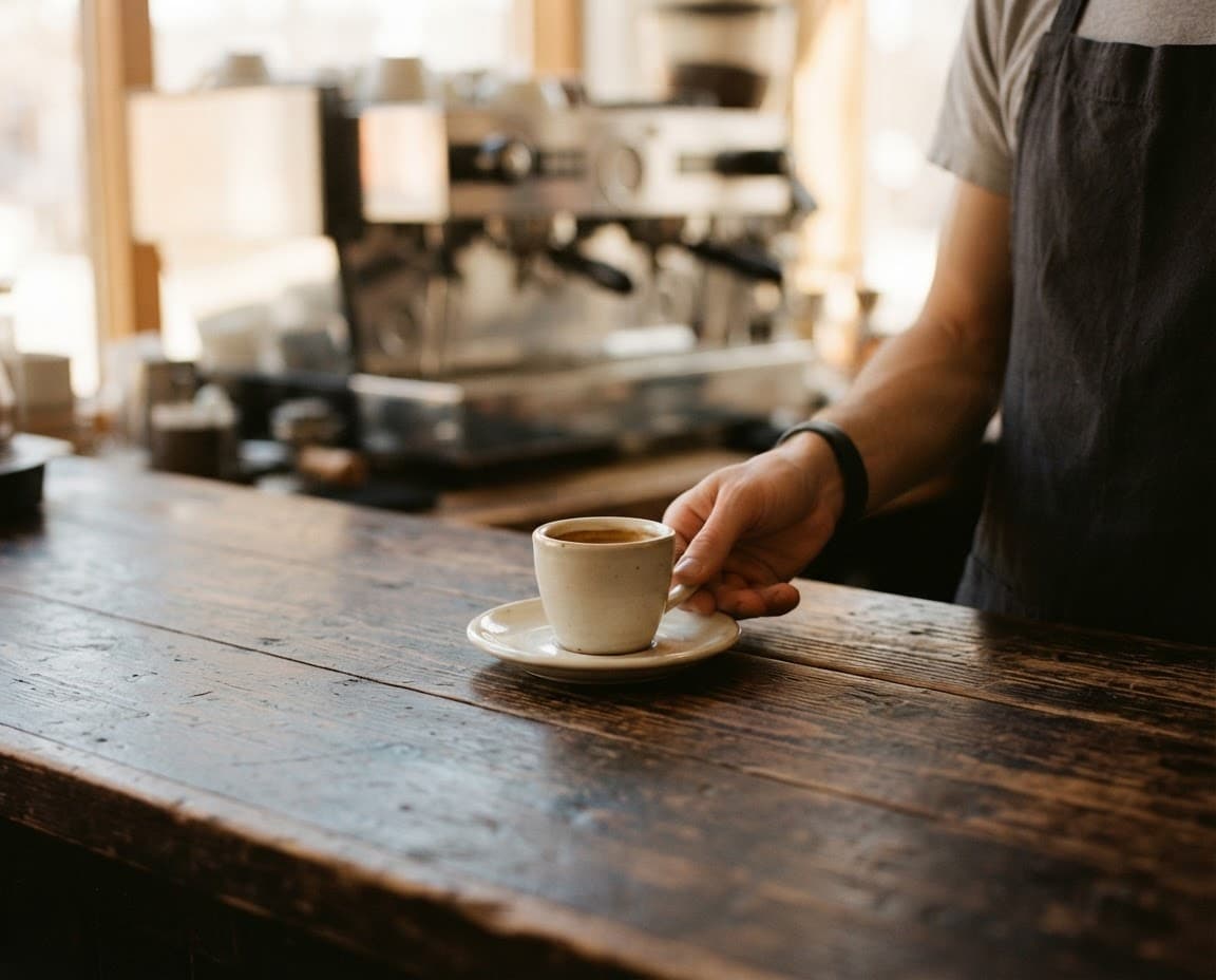 una mano deja una taza de espresso sobre la barra de madera