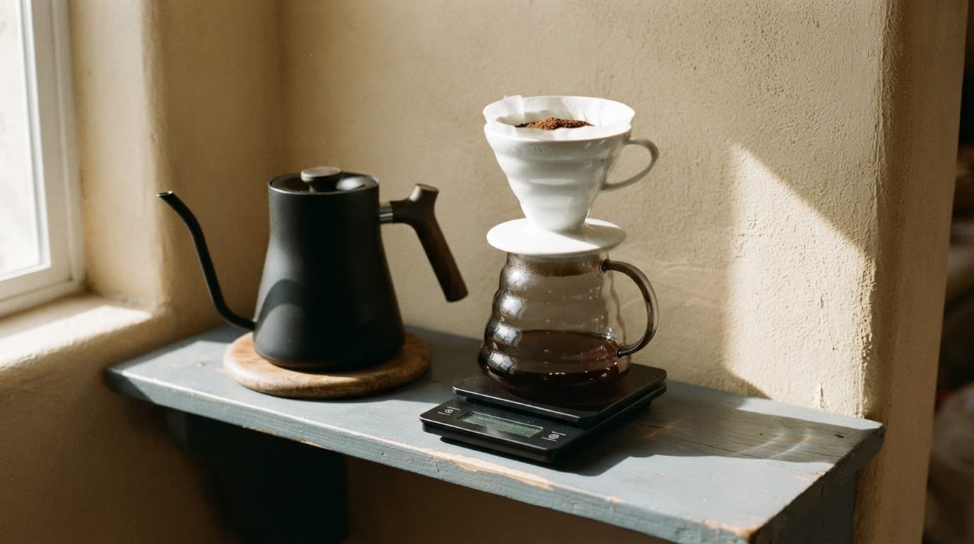 tetera negra, dripper blanco, server de vidrio y báscula sobre una repisa junto a la ventana