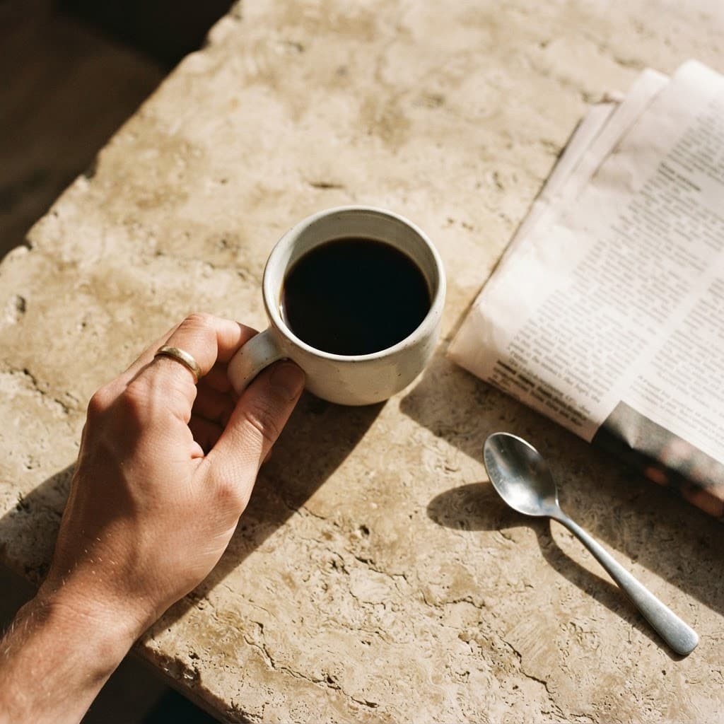 una mano sostiene una taza de café negro sobre una mesa de piedra, junto a un periódico
