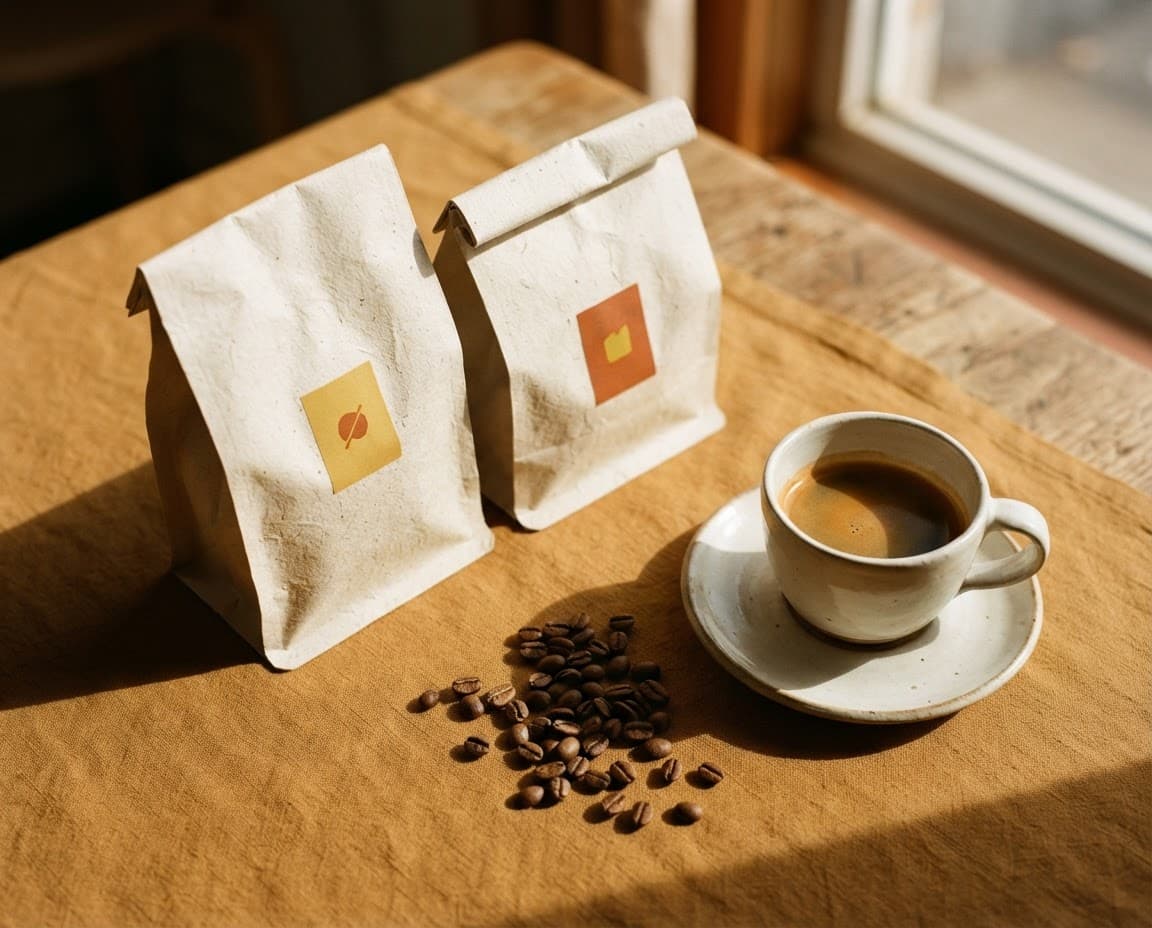 dos bolsas de café y una taza servida sobre una mesa, con granos sueltos