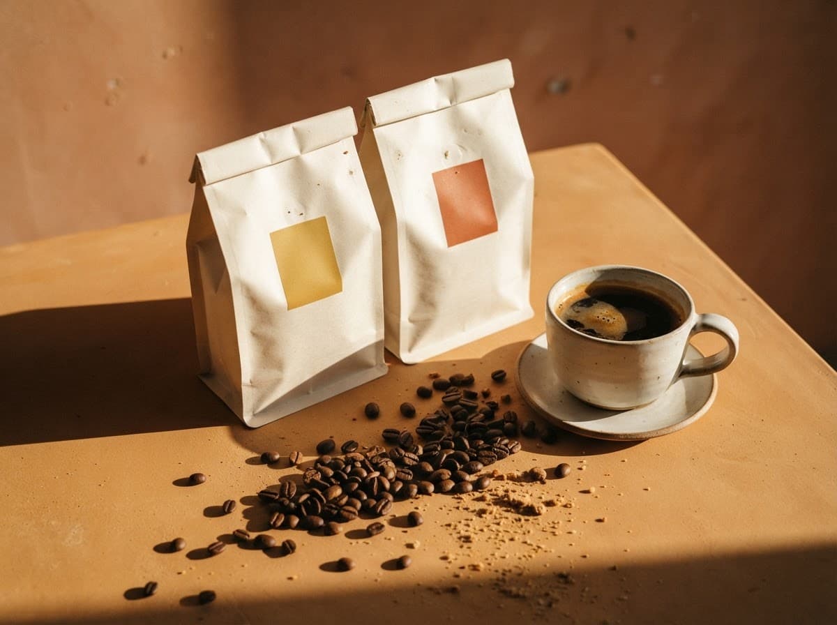 dos bolsas de café y una taza servida sobre una mesa, con granos sueltos